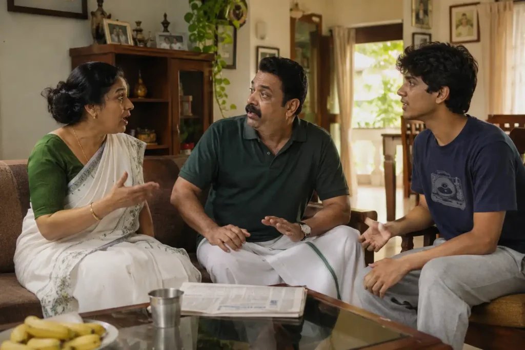 Family comedy drama scene from Ashakal Aayiram with cast in a Kerala home setting