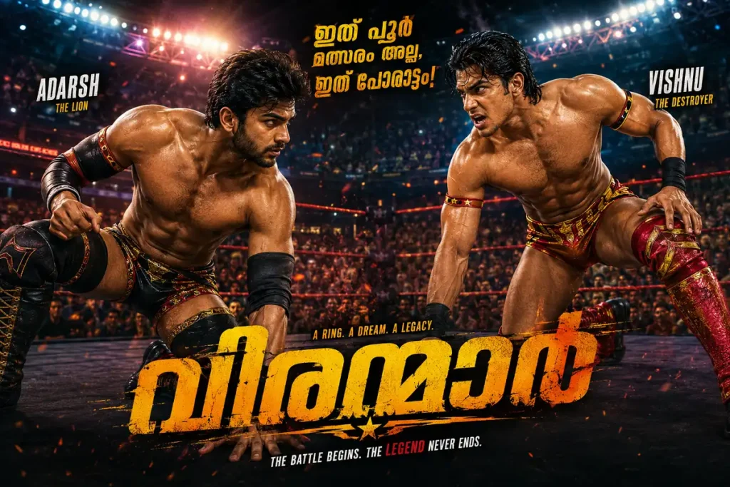 Arjun Ashokan and Roshan Mathew in intense wrestling action scene from Chatha Pacha
