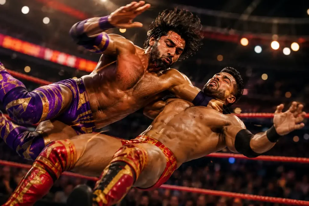 High-energy wrestling action sequence from Chatha Pacha 2026 Malayalam film