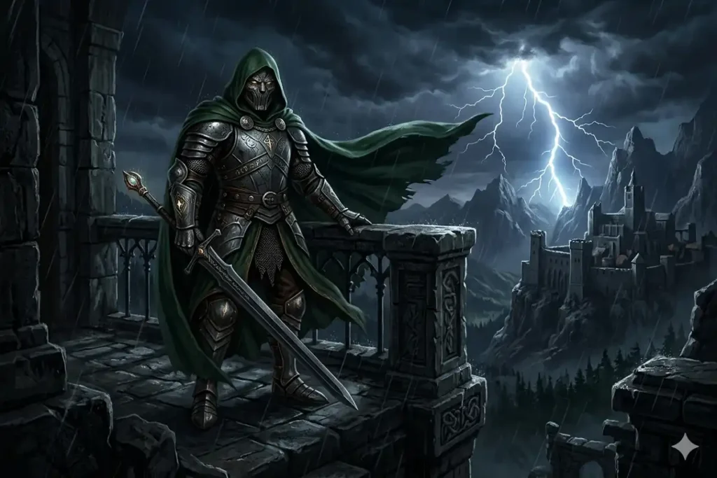Mysterious armored villain in green cloak concept art