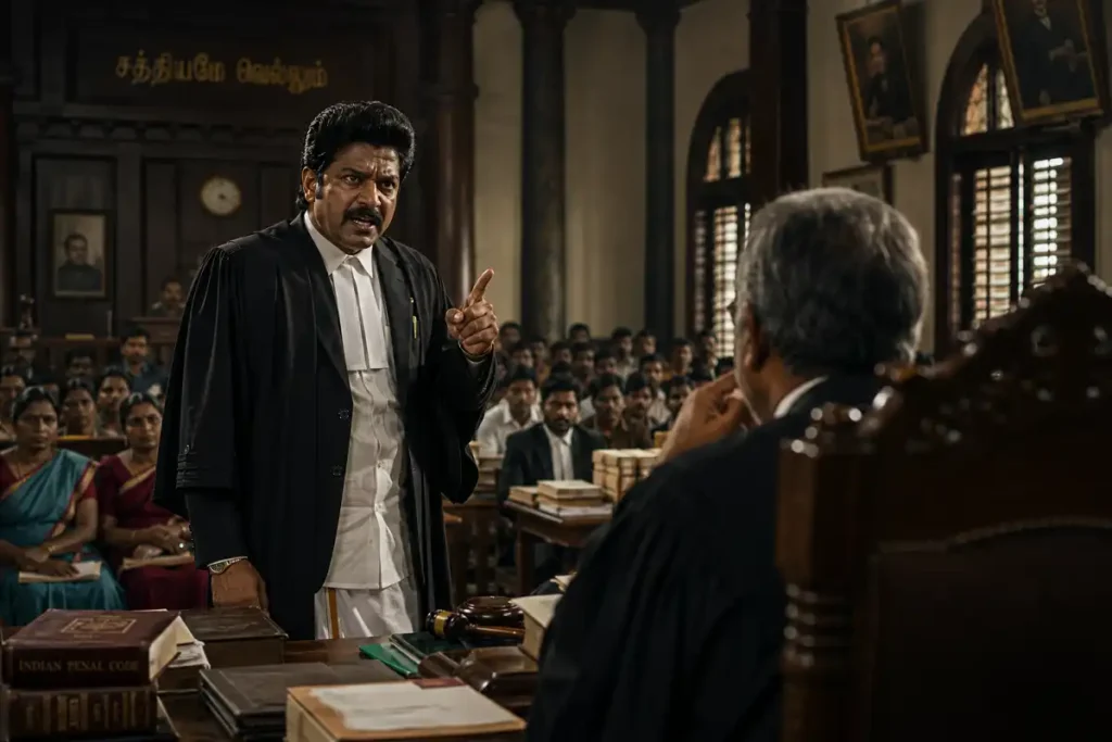 Karuppu movie courtroom drama scene Tamil 2026