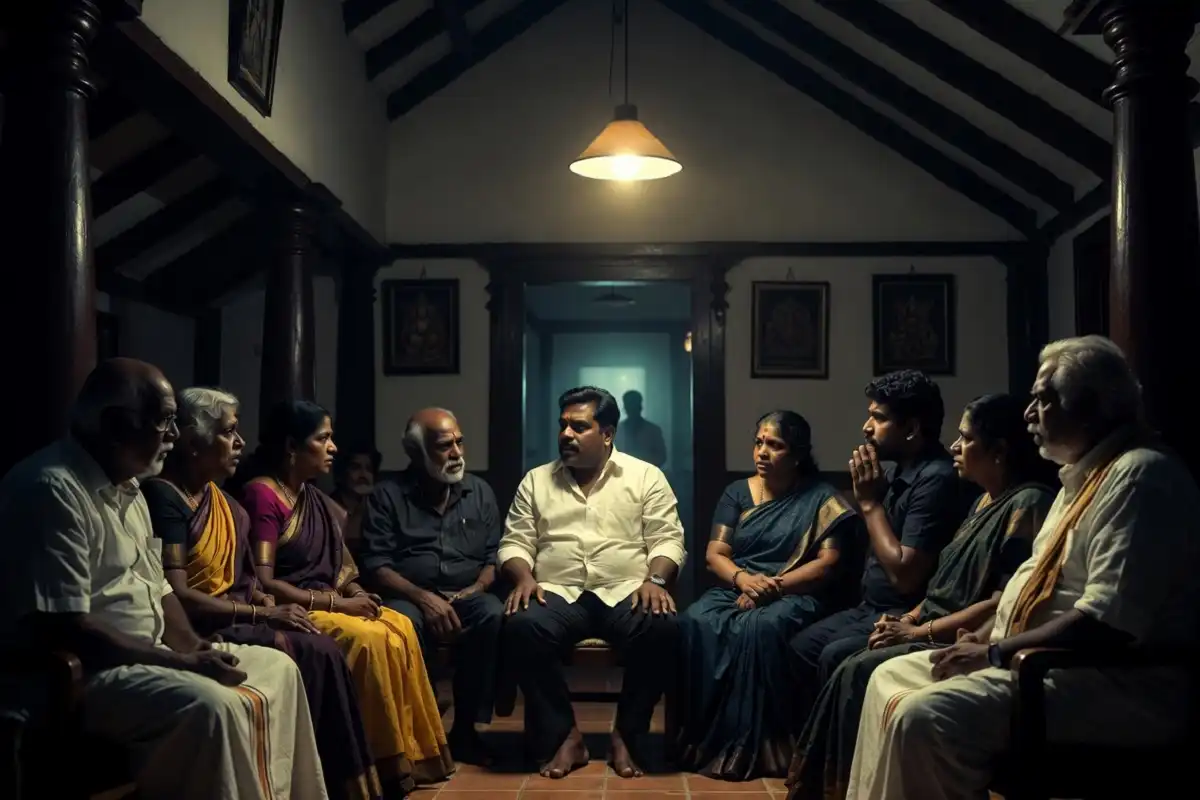 Kerala family gathered in a traditional home in a dark comedy scene