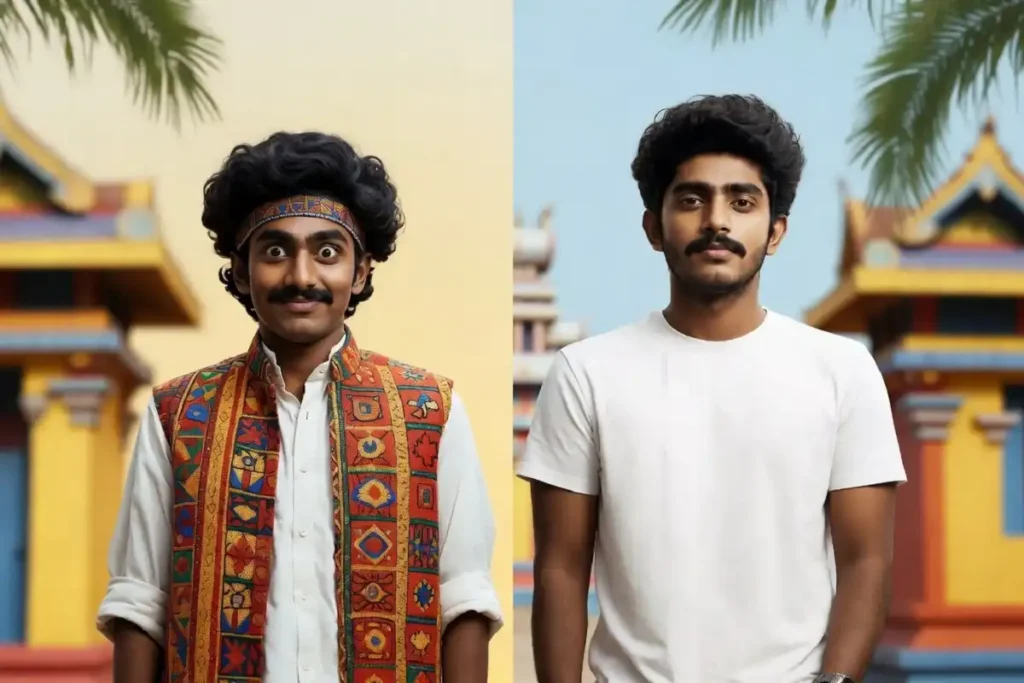 Sharaf U Dheen in a dual role scene from the Malayalam film Madhuvidhu