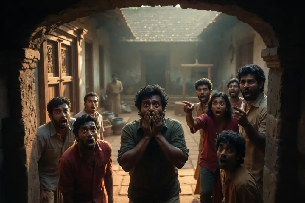 Ensemble cast in a Malayalam dark comedy film scene