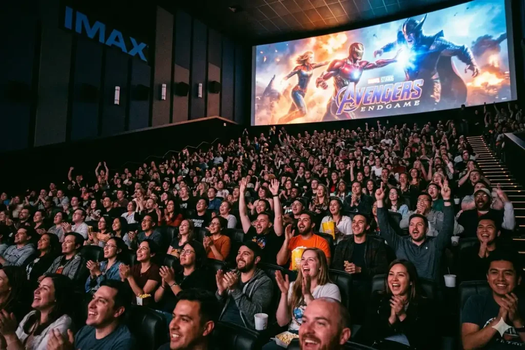 Excited audience watching a Marvel film premiere