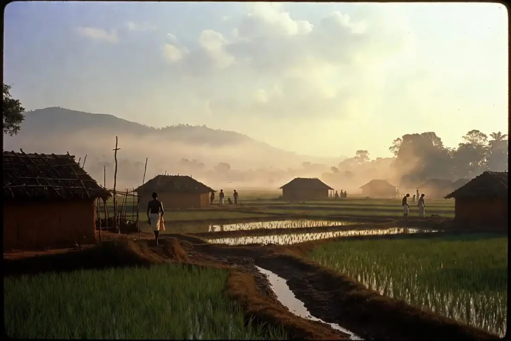 1950s Kerala village setting in Pallichattambi film with period-accurate costumes and cinematography