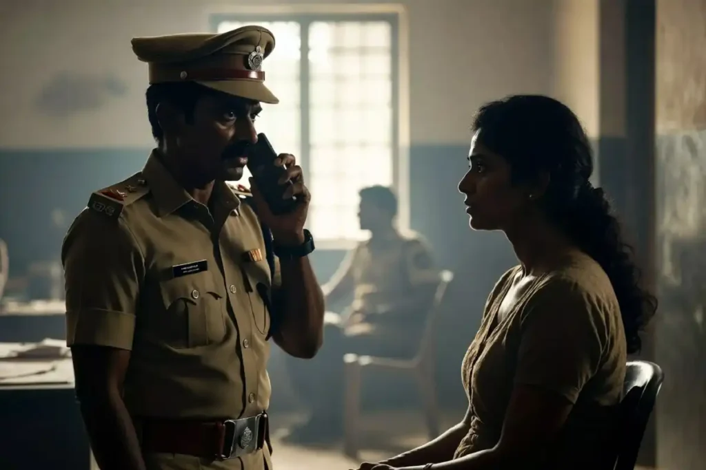 Police officer interviewing a suspect in a film scene