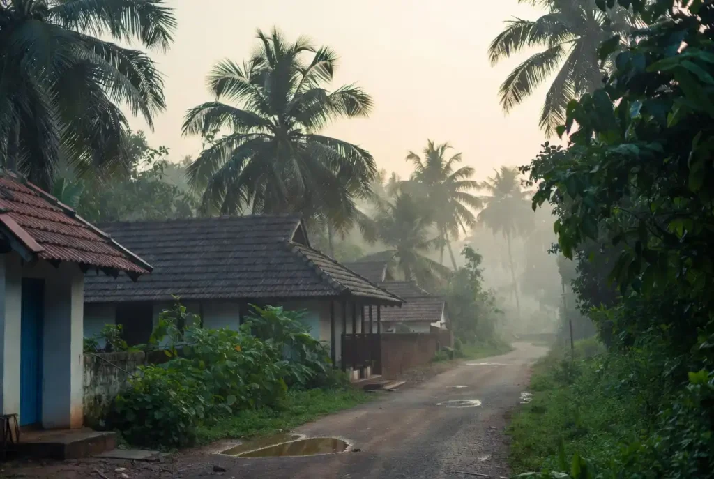 Quiet Kerala village street in early morning light