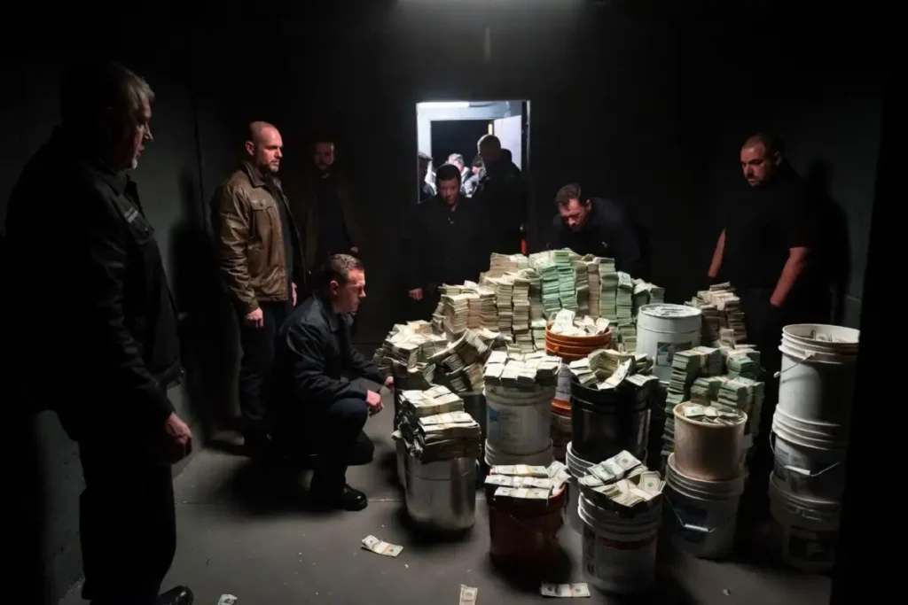 Miami police officers discovering a large cash stash during a raid in The Rip 2026 film